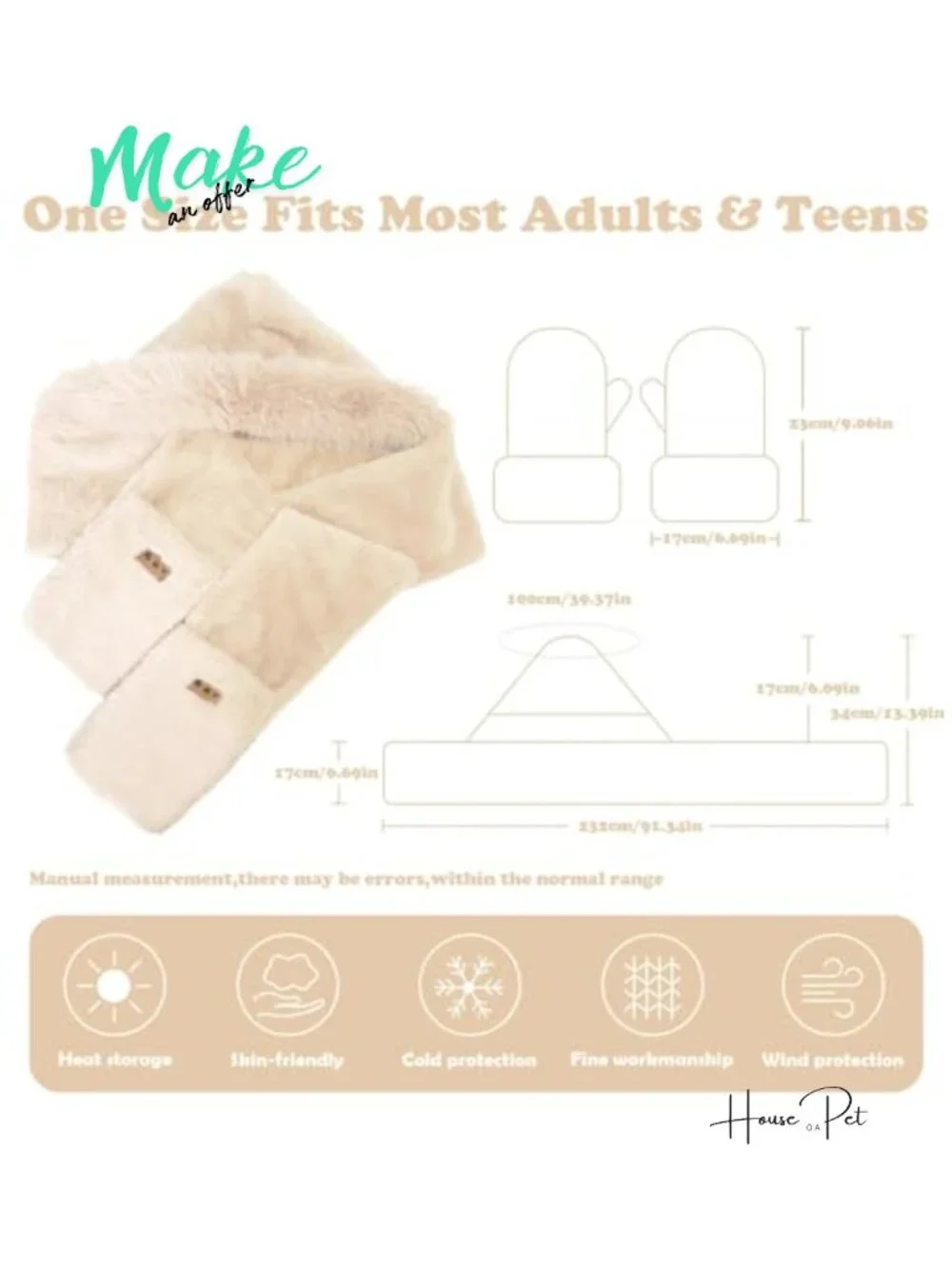 Faux Fur Hooded Scarf Hat Gloves 3 in 1 Winter Set